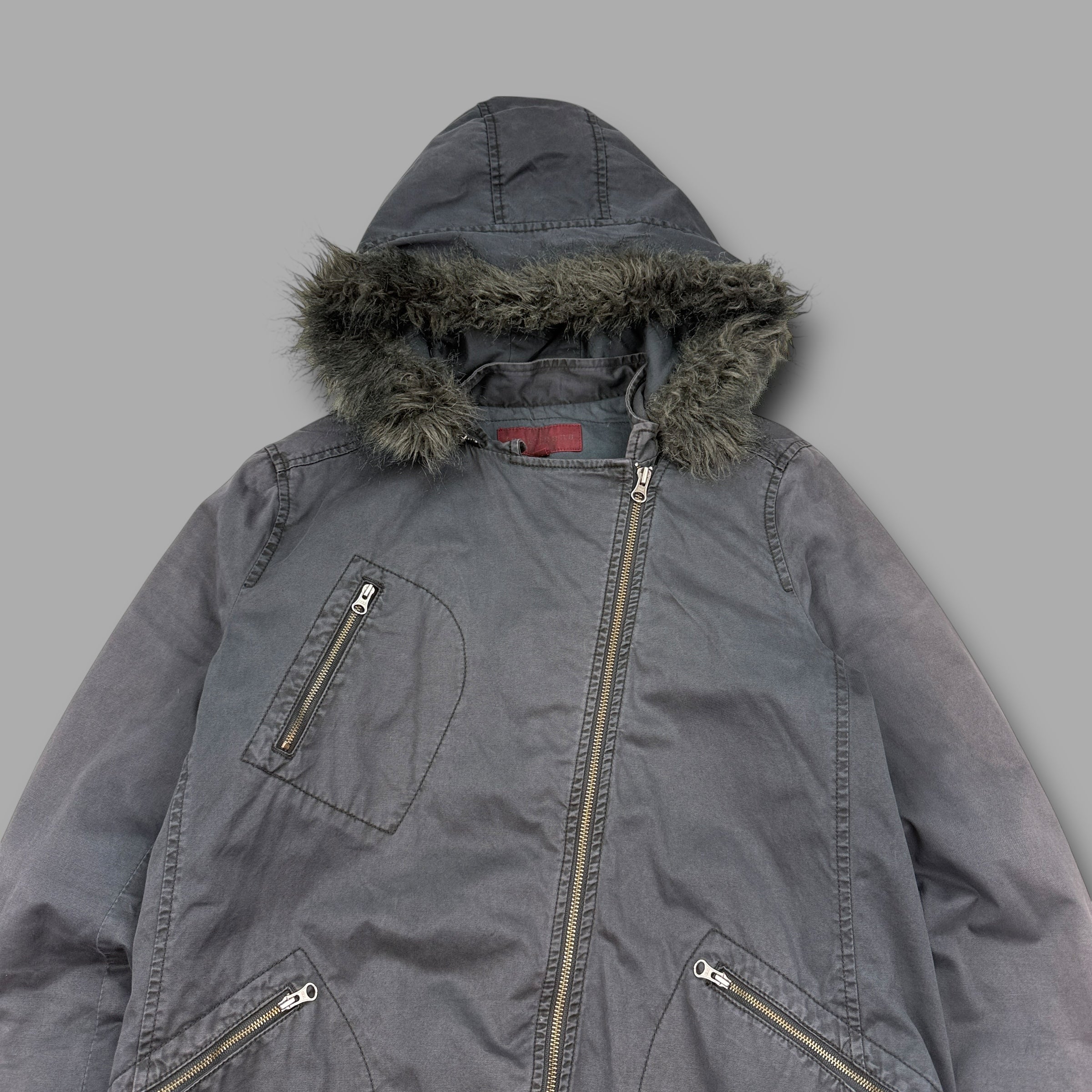 Fcuk jeans 2000's technical asymmetrical zip fur hood jacket (XL) wms