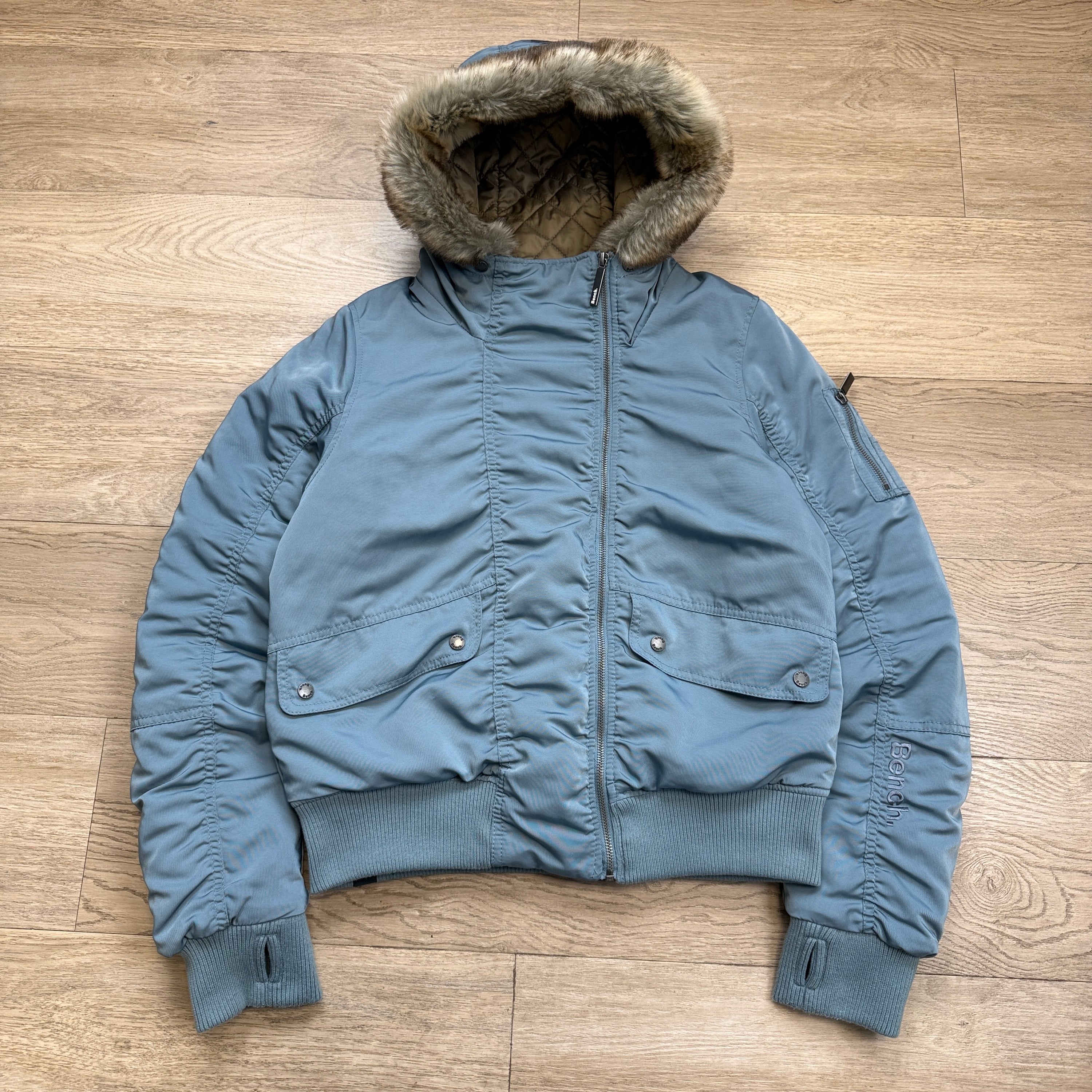 Bench 2000's asymmetrical zip fur hooded bomber jacket (L) wms