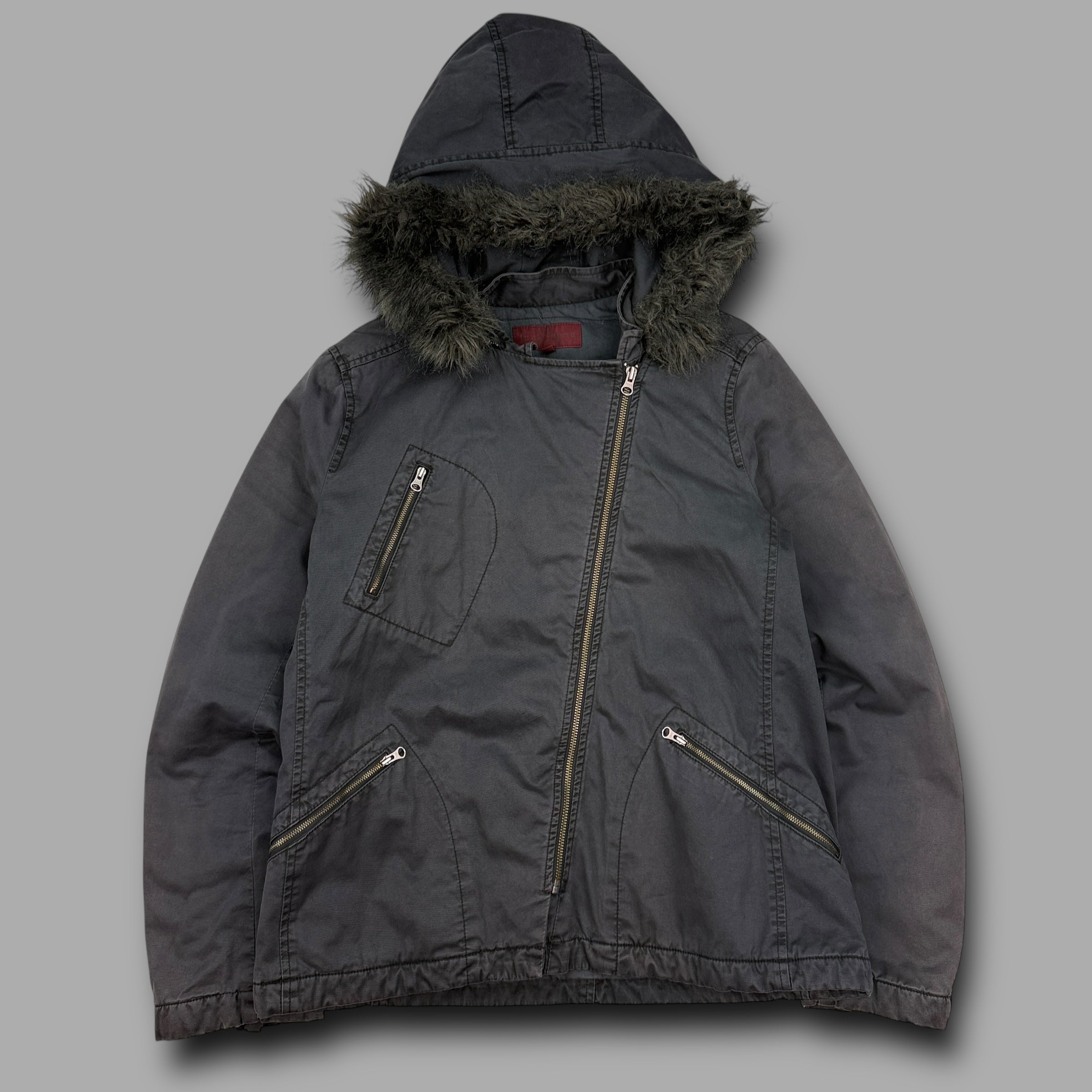 Fcuk jeans 2000's technical asymmetrical zip fur hood jacket (XL) wms