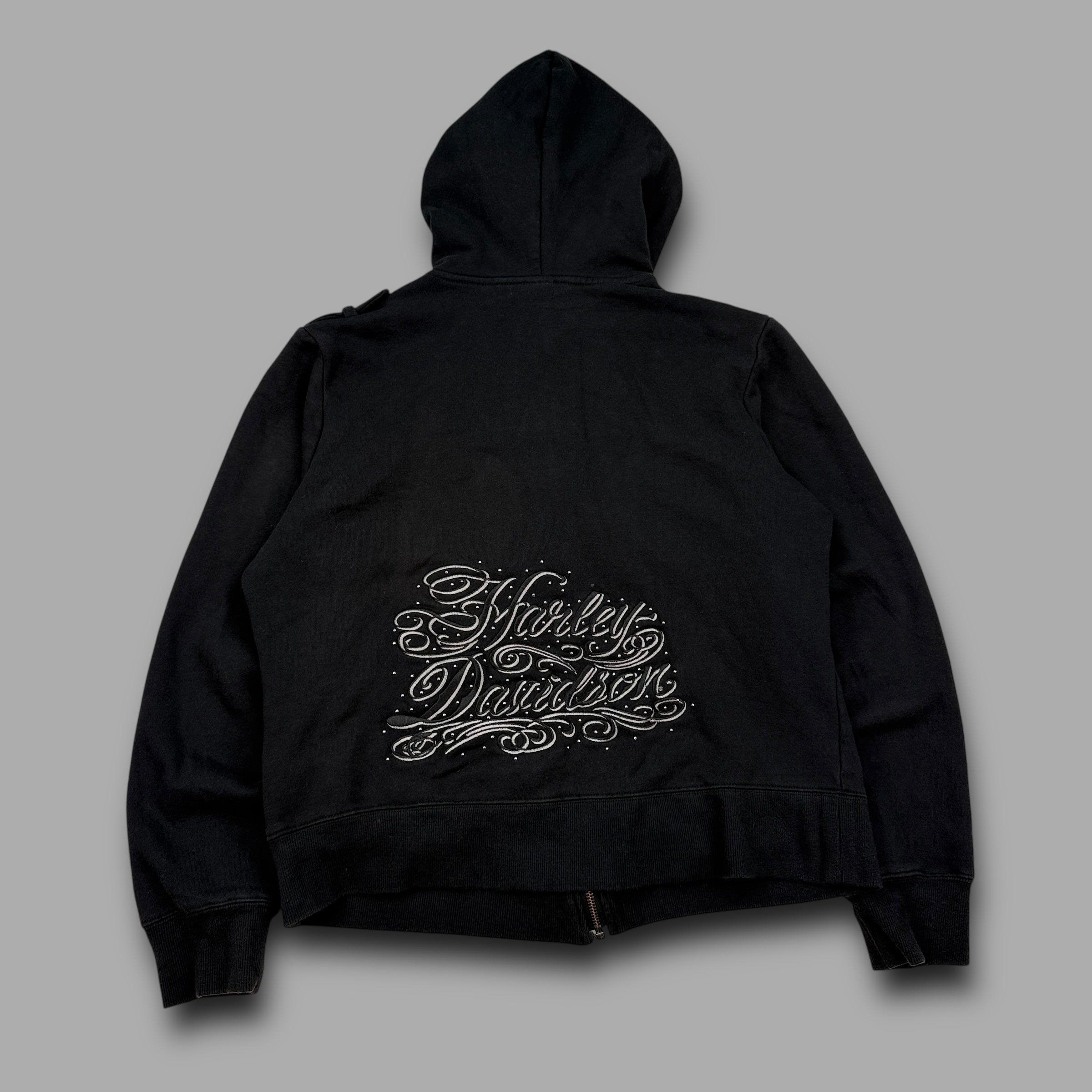 Harley Davidson 2000's technical asymmetrical zip graphic hoodie (L) wms