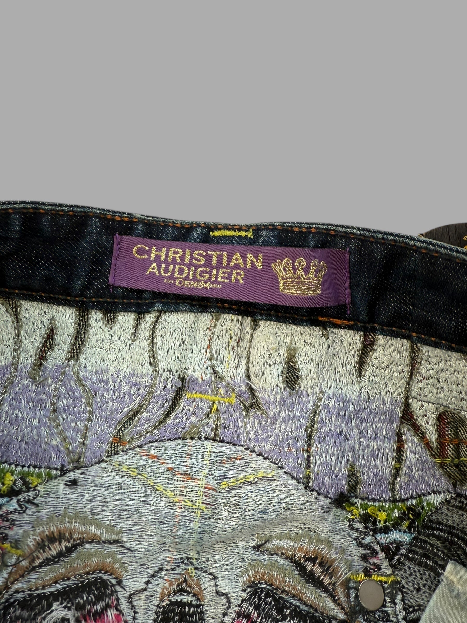 Christian Audegier 2000's graphic embroidered denim straight leg jeans (L)