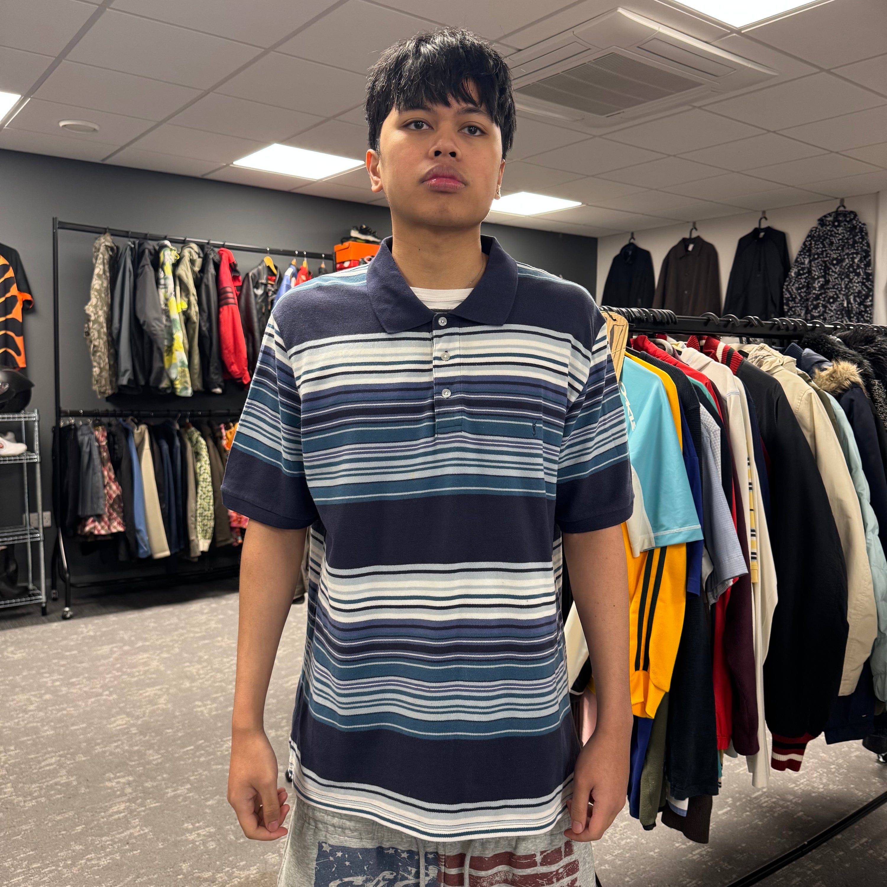 Yves saint laurent 2000's graphic embroidered striped polo shirt (XXL)