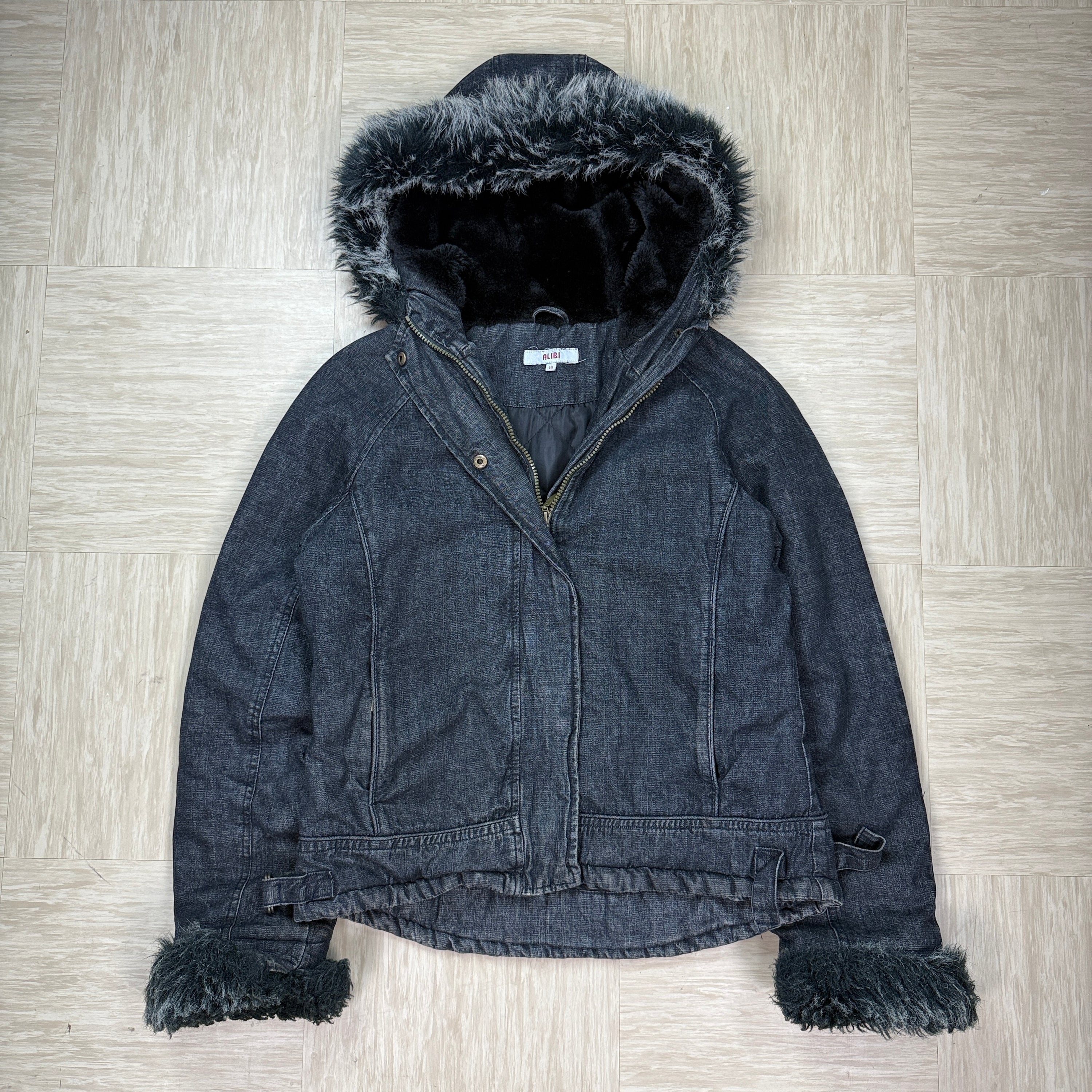 Alibi 1990's cropped zip up denim faux fur hooded jacket (S)