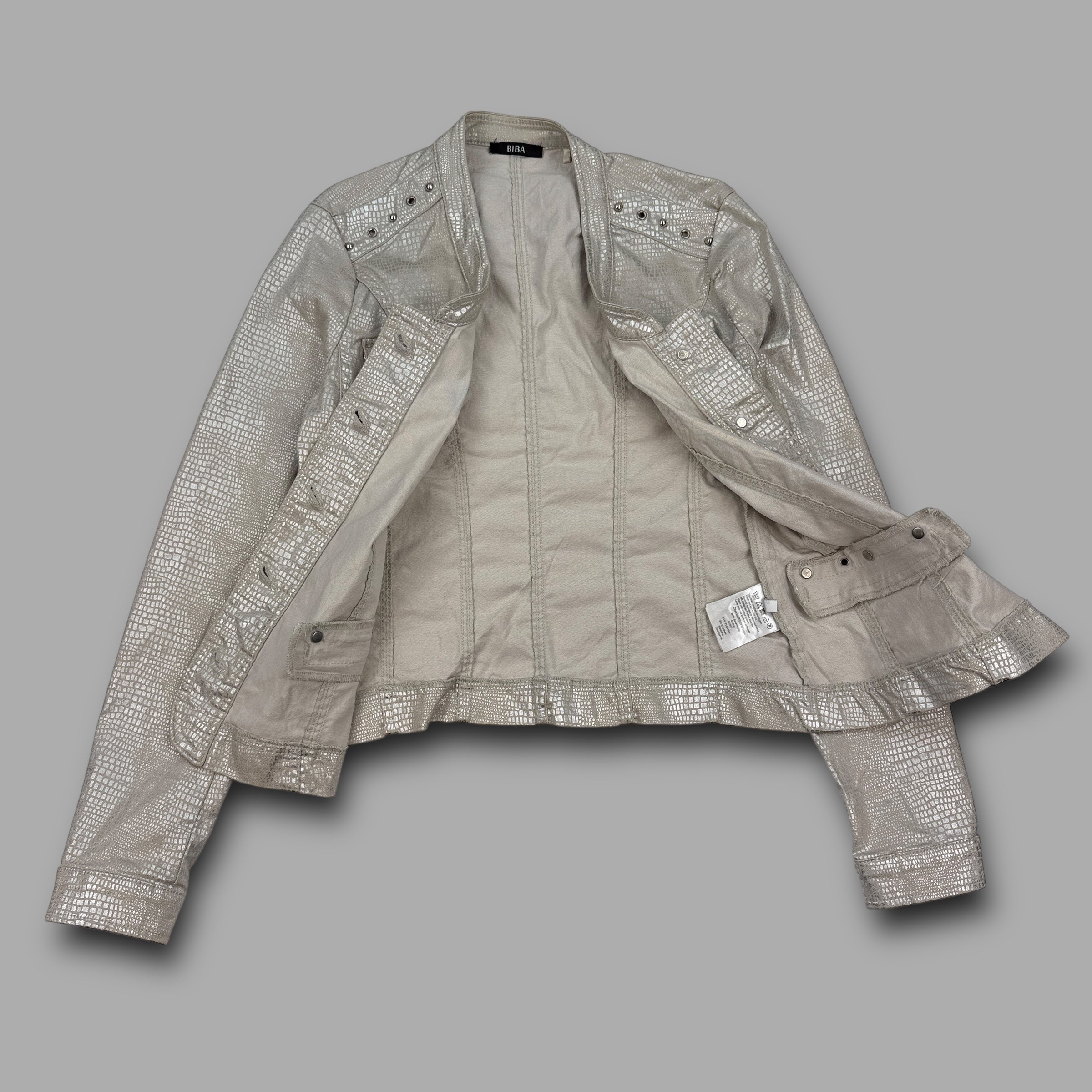 Biba 2000's silver studded bomber jacket with faux crocodile skin pattern and pockets (S) wms