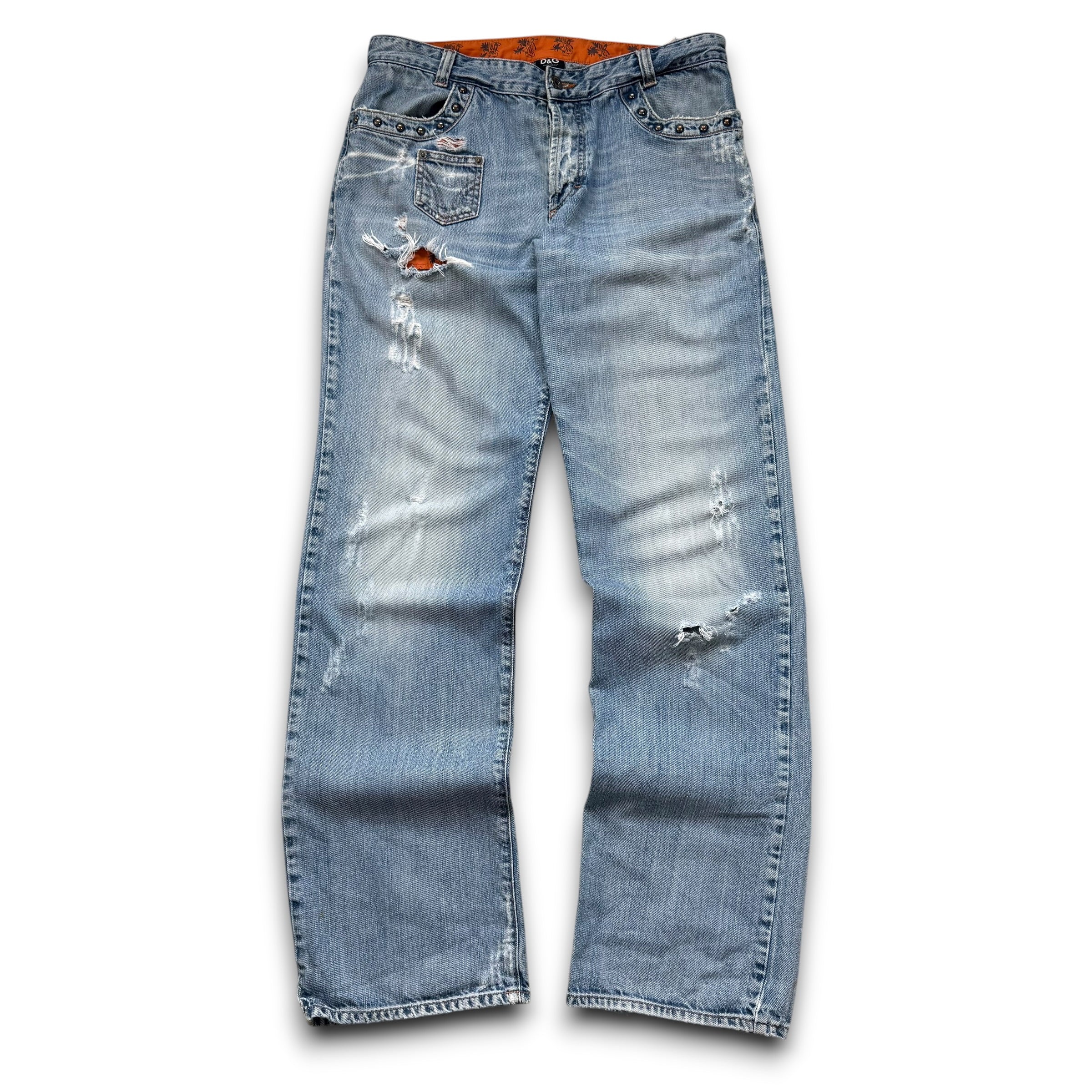 Dolce and gabbana 2000's distressed and studded denim straight leg jeans (M)