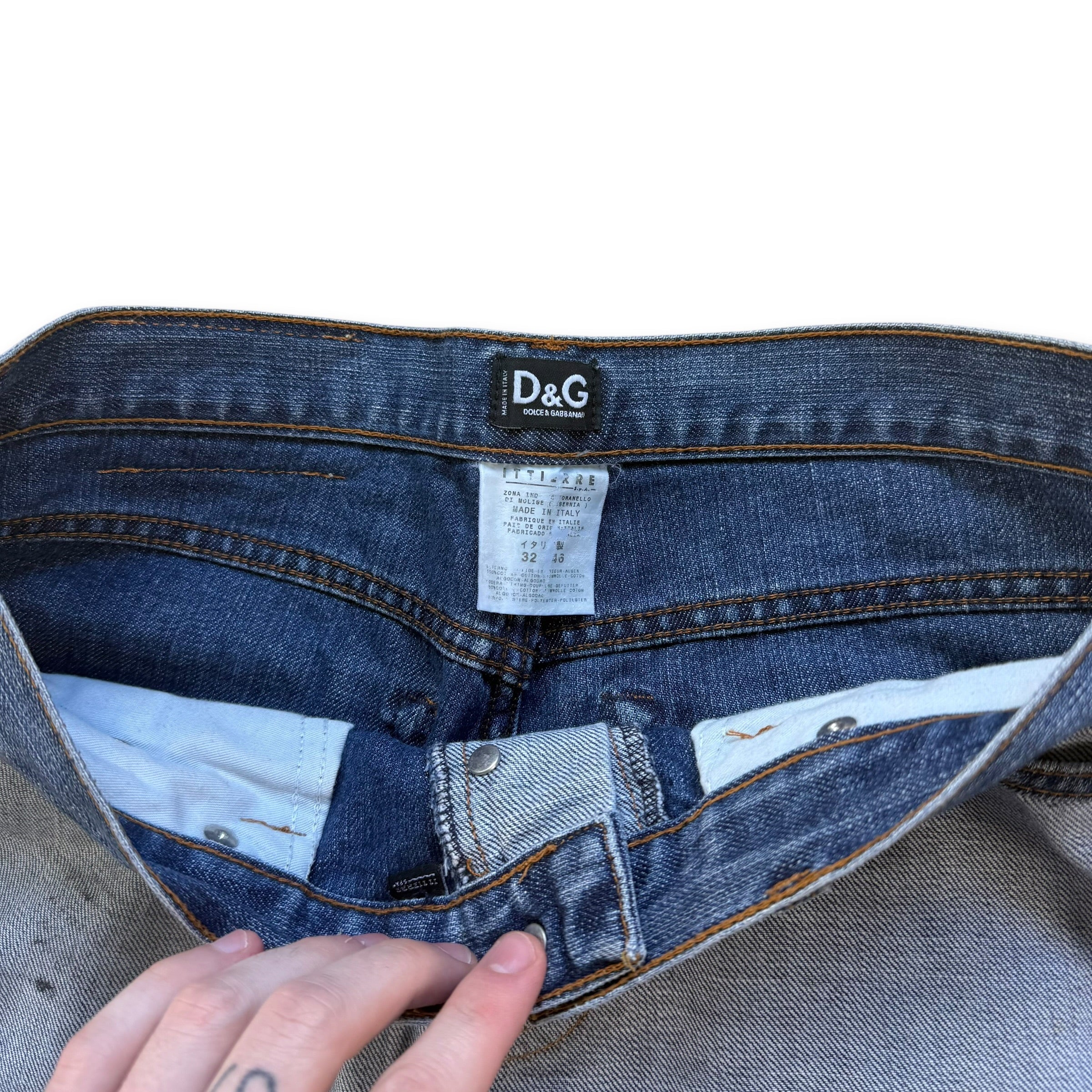Dolce and gabanna 2002 distressed oil stained ‘inside out' denim jeans (S)