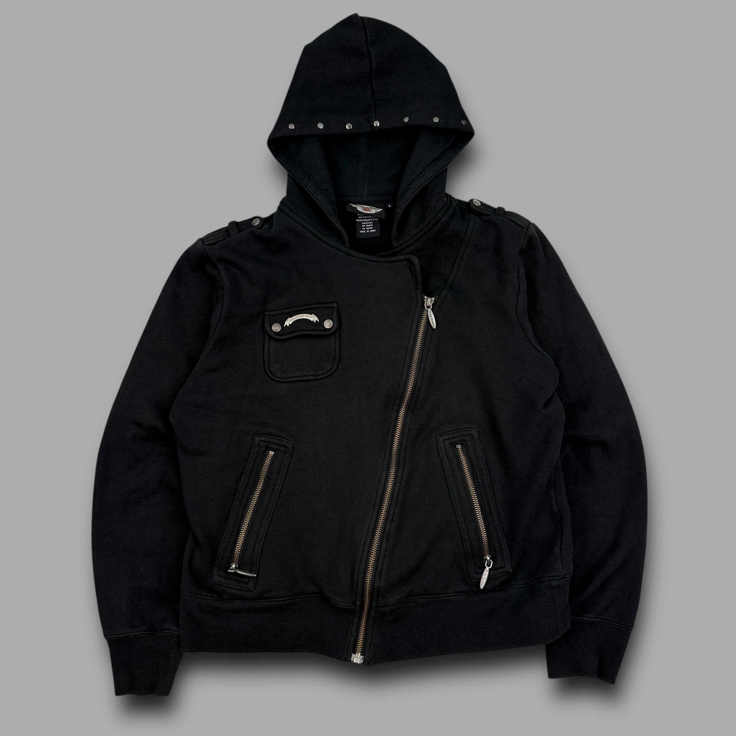 Harley Davidson 2000's technical asymmetrical zip graphic hoodie (L) wms