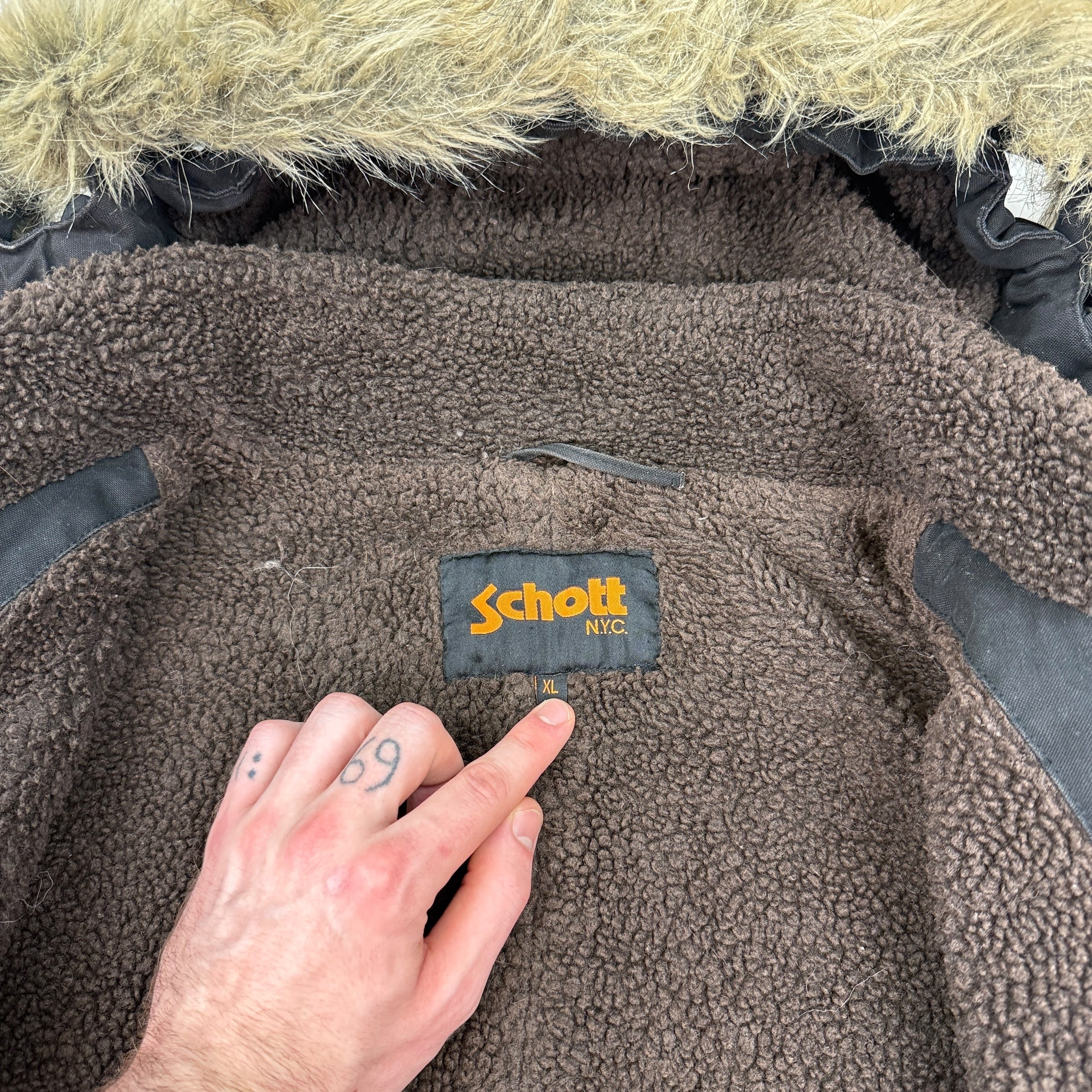 Schott NYC 2000's technical fur hood parka jacket (XL)