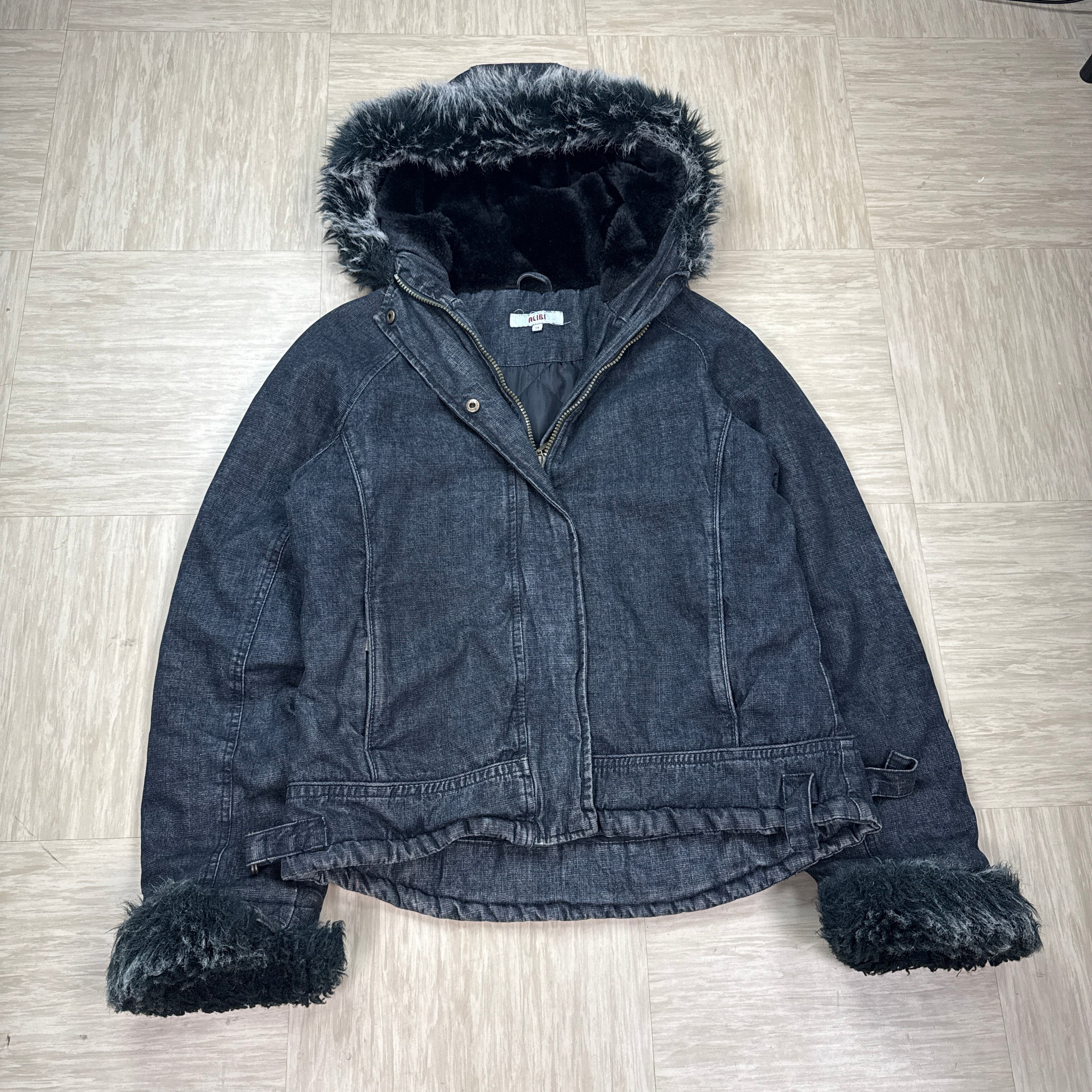 Alibi 1990's cropped zip up denim faux fur hooded jacket (S)