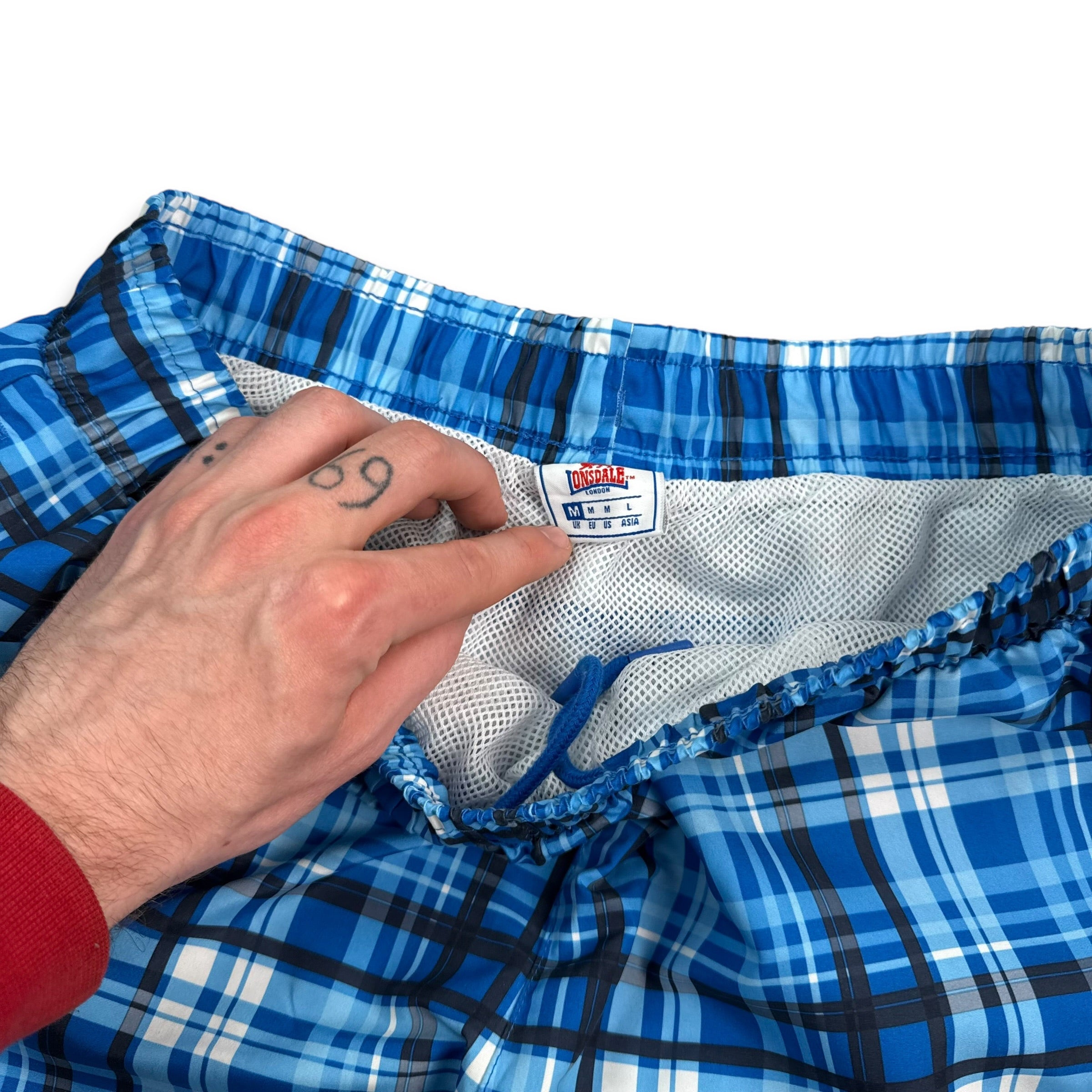 Lonsdale 2000's baggy plaid blue swim shorts (M)